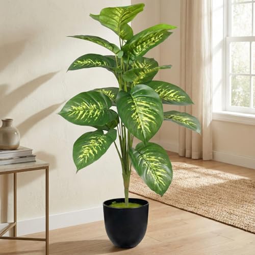 Image of Dekorly Artificial Palm Tree - Large Fake Tropical Floor Plant, Realistic Plastic Greenery for Indoor Home, Office, Living Room & Corner Decor (Dieffenbachia)