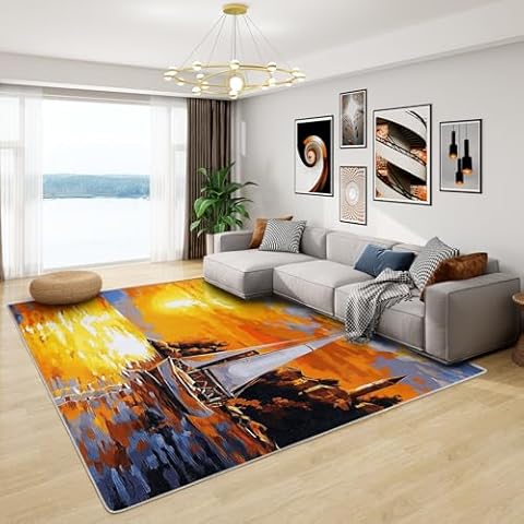 Phtbz Sailboat Rug - Sunset Rugs for Living Room, 3x5 ft Washable Non-Slip Stain Resistant Sunset Seascape Area Rug, Nautical Sailing Carpet for Entryway, Office, Hallway, Bedside, Sailboat Home Decor Cover