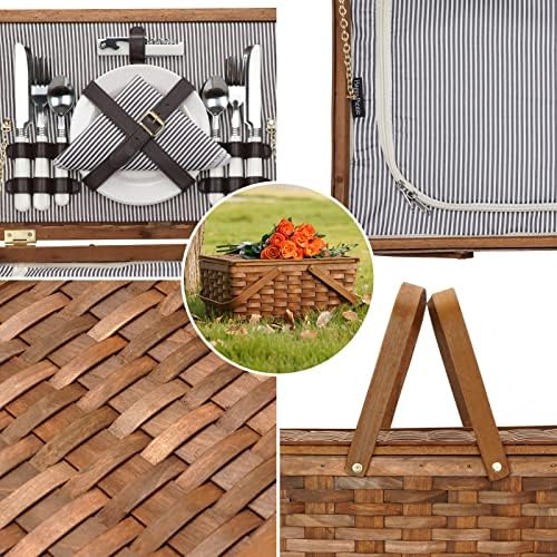 Woodchip Picnic Basket Set for 4 Persons with Insulated Cooler, Large Woven Basket with Double Folding Handles, Picnic Set for Camping, Outdoor, Valentine Day, Wedding
