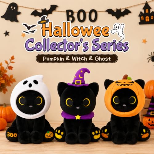 Image of Black Cat Plush - Halloween Stuffed Animal with Witch Hat & Scarf | 8inch Soft Spooky Plush Toy for Kids, Cute Boo Gift for Halloween Favor & Basket Stuffer