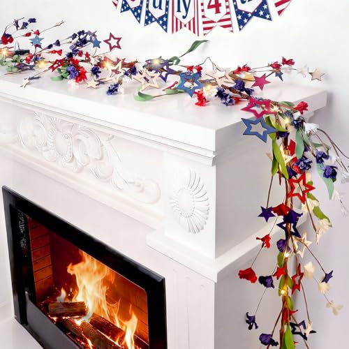JUNEBRUSHS Patriotic Garland, 59 inch Red White and Blue Garland with Light String 4th of July Star Ornaments for Mantel Fireplace Room Decoration