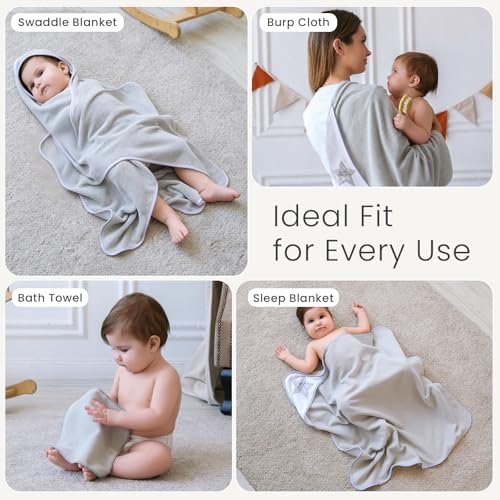 Image of Softan Baby Hooded Towels and Washcloths Set 6 Pack, 28x28 Ultra Soft & Absorbent Baby Bath Towels for Newborn Infant Toddler, Unisex Boys Girls (Grey Star)