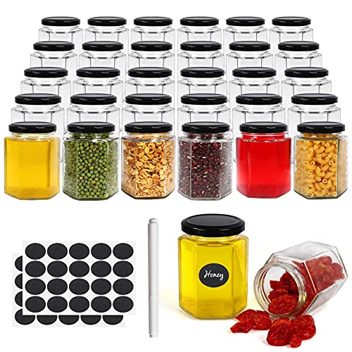Paquete de 30 tarros de vidrio hexagonales de 6 onzas con tapas negras, tarros transparentes de 180 ml para miel, especias, hierbas, mermeladas, regalos de ducha y boda, manualidades, 1 bolígrafo y
