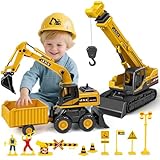 Kids Construction Toys for Boys - 3 in 1 Excavator, Crane and Dump Trucks with Road Signs for Toddlers Ages 3-5, Friction Power Construction Vehicles Model Car, Transport Truck Playset Birthday Gifts