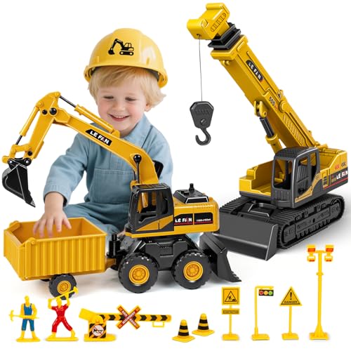 Kids Construction Toys for Boys - 3 in 1 Excavator, Crane and Dump Trucks with Road Signs for Toddlers Ages 3-5, Friction Power Construction Vehicles Model Car, Transport Truck Playset Birthday Gifts