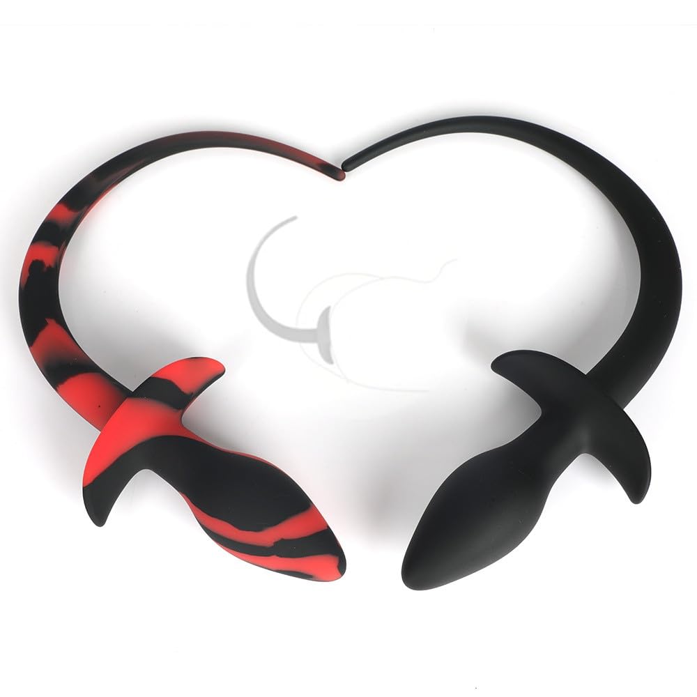 2Pcs Silicone Foxtail Fetish Ass Tail Toy Couple Cosplay Play Toys Role Play Road (Black Red)