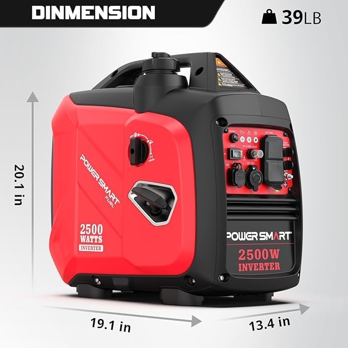 Dimensions of the PowerSmart 2500-Watt Inverter Generator: 19.1 inches L, 13.4 inches W, 20.1 inches H, and 39 lbs weight.