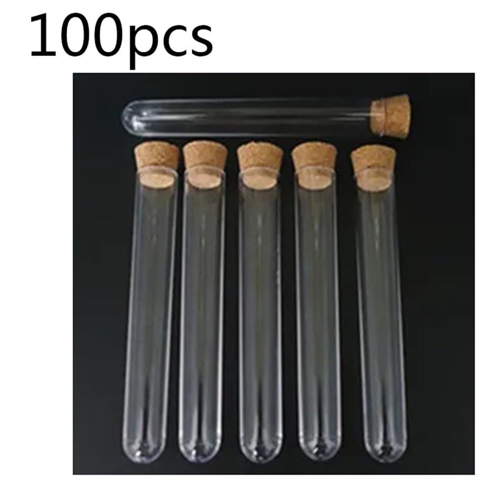 Lote de 100 tubos ensayo plástico transparente 12 a 25 mm diámetro con tapones corcho Equipamiento de laboratorio