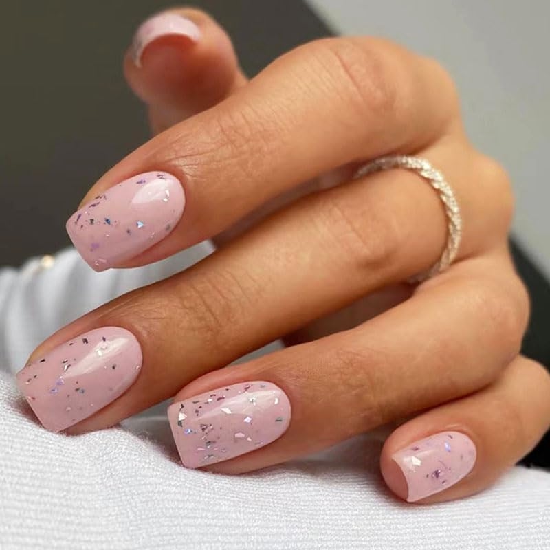 Press on Nails Short Medium Square Nude Pink Fake Nails with Exqu...