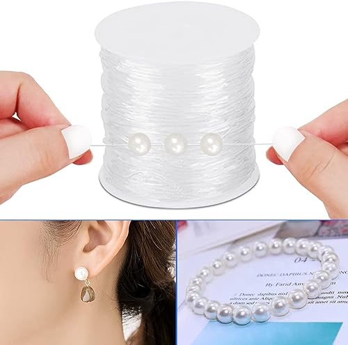 Miniatura 3 de SourceTon Perlas redondas blancas con cordón elástico para pulsera, cuerda elástica transparente de 0.039 pulgadas y perlas sueltas de 0.039