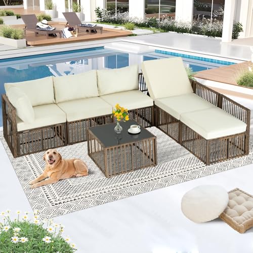 Image of FHFO 7 Pieces Outdoor Patio Furniture Set, Wicker Outdoor Sectional Conversation Couch Set with Adjustable Backrest Sofa, Thick Cushion & Coffee Table for Garden, Porch, Poolside, Brown /Beige