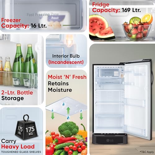 Image of LG 185 L, 5 Star, Direct-Cool, Smart Inverter Compressor, Single Door Refrigerator with Fast Ice Making (GL-D201AEFU, Ebony Florance, Runs on Home Inverter, Moist 'N' Fresh & Base stand with drawer)