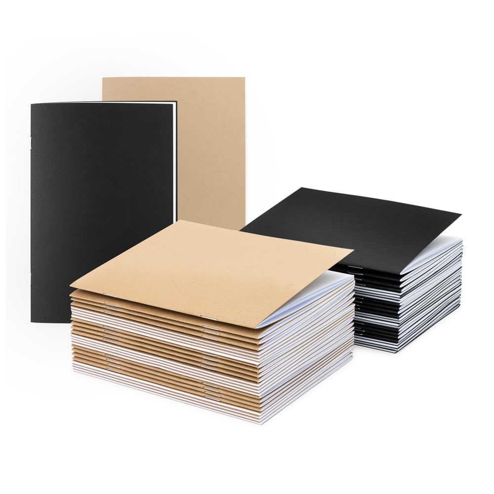 Hygloss Libros de papel kraft en blanco y libros negros, juego de 50 cuadernos sin forro para diario, bocetos, escritura, 32 páginas blancas, 5.5 x 8.5 pulgadas, 25 libros kraft y 25 libros negros