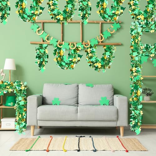 Image of 50FT St. Patrick's Day Tinsel Garland Shamrock Hat Green Gold Metallic Tinsel Twist Garland for Irish Saint Patricks Day Party Home Decor Indoor Outdoor Decoration