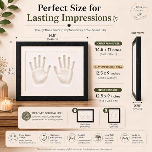 Image of Handprint & Footprint Clay Impression Kit with XL Frame | DIY Keepsake for Couples, Family & Parents | Personalized Memory Gift | 37 x 28 cm Black Frame with White Clay