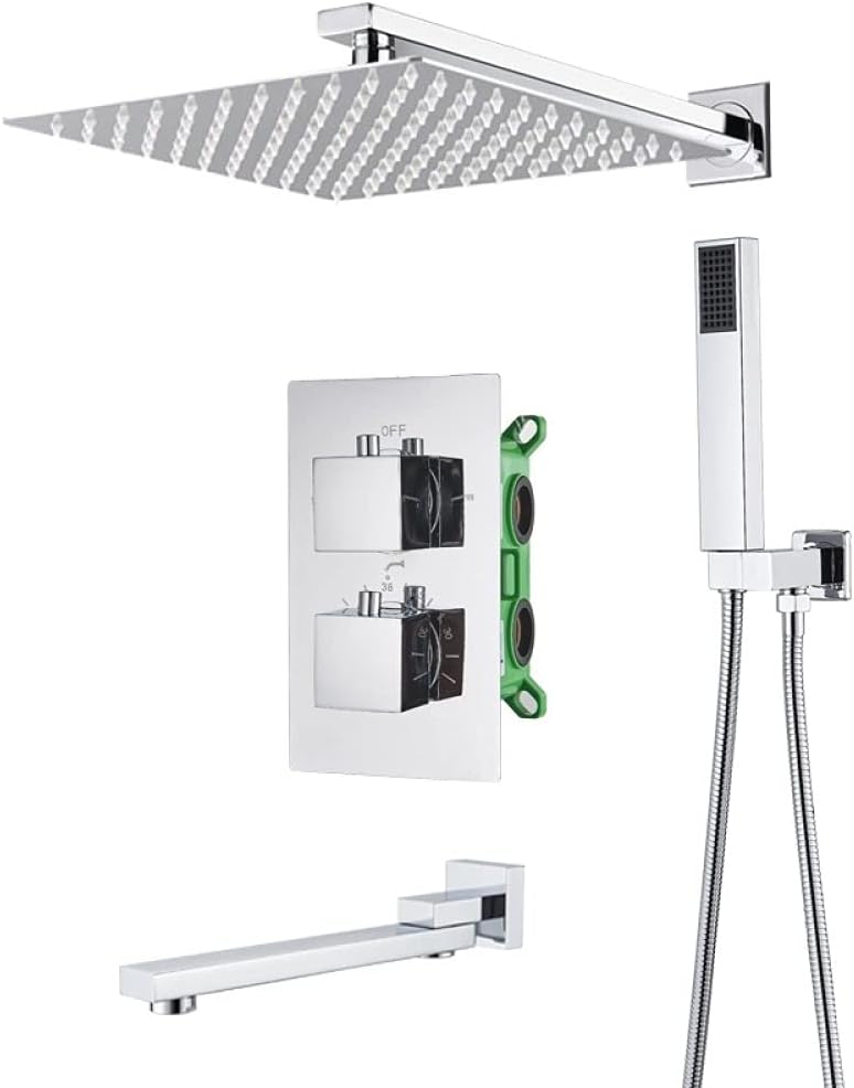 Bathroom Chrome Thermostatic Shower Faucet Rainfall Shower Head Wall Mounted Bathtub Mixer Tap Bathroom Shower Set Wall,Wall 12 Inch Shower (Wall 16 Inch Shower)