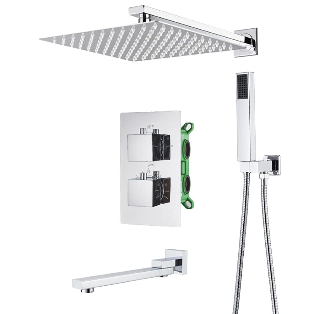 Grifo termostático Cromado para Ducha, Cabezal de Ducha Tipo Lluvia, Grifo Mezclador para bañera montado en la Pared, Juego de Ducha para baño, Ducha de Pared de 12 Pulgadas (Ducha de Pared