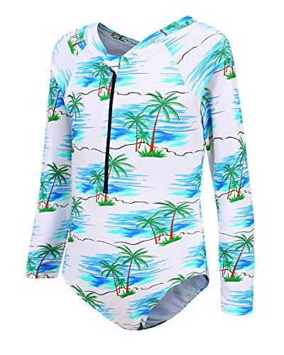 Image of Girls Long Sleeve Rash Guard One Piece Swimsuit Kids UPF 50+ Sun Protection Swimwear Rainbow Striped Bathing Suit 3-14 Years