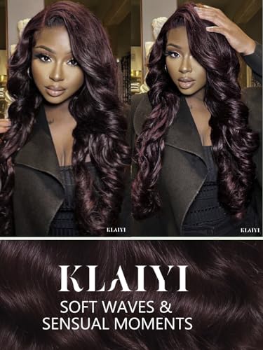 Image of KLAIYI Black Cherry Loose Body Wave Pre Eeverything 13x4 Lace Frontal Wigs Human Hair Bye Bye Knots Glueless Ready to Wear and Go Wig with Face Framing Bangs Drawstring Pre Plucked Burgundy Wig 16Inch