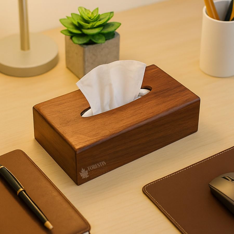 Image of Wooden Tissue Box| Rosewood Napkin Box| Tissue Holder Organizer for Table, Home, Office, Car| Rectangular Facial Paper Cloth Storage Case| Dispenser (Rosewood Plain, 9X5 Inches)