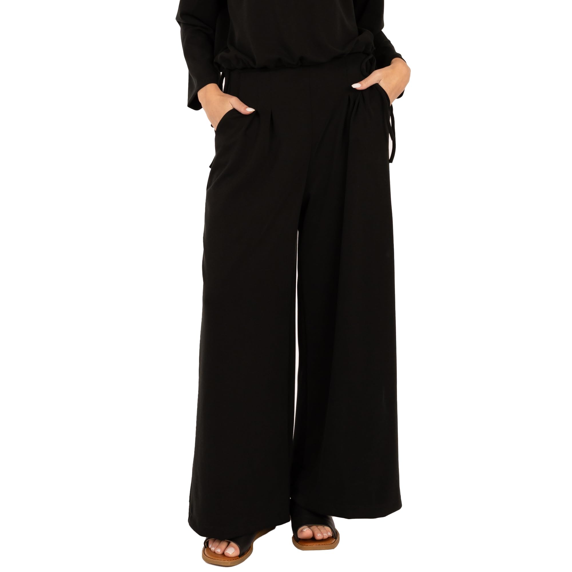 Soft Wide Leg Pants for Women Elastic Waist Band - Casual Relaxed Lounge Pants with Pockets Small Medium