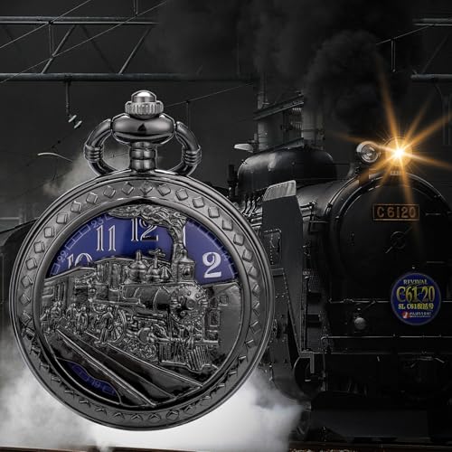 Image of SIBOSUN Antique Men Pocket Watch with Chain Oversized 50MM 1.96 Inch 3D Locomotive Steam Train Railroad Hollow + Box
