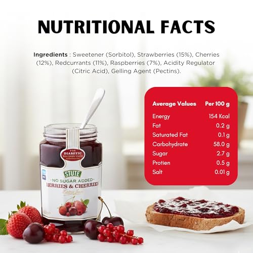 Image of Stute Cherries & Berries Jam 430g | No Sugar Added | 90% Less Sugar & 30% Less Calories | Diabetic Friendly | Imported from UK