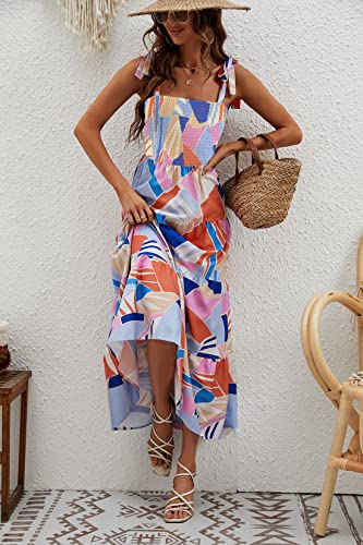 Image of kinstell Women's Summer Boho Spaghetti Strap Square Neck Ruffle Casual Flowy Long Dress Beach Swing Party Maxi Dress