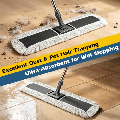 Image of MASTERTOP 40 inch Commercial Dust Mop for Floor Cleaning, Heavy Duty Flat Mop | Industrial 64 inch Long Handle Push Broom with 2 Cotton Pads for Hardwood, Tile, Laminate, Concrete, Warehouse & Gym Cleaning