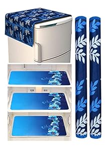 SAANVI Desire Homes Waterproof and Dust-Proof PVC Fridge Top Cover/Refrigerator Covers (21 X 39 Inches) Kitchen Combo Fridge Cover Set (Blue Leaf)