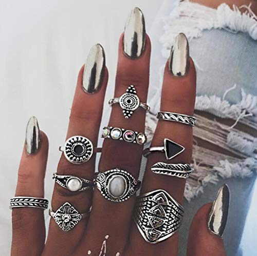 Deniferymakeup New Version Knuckle Rings Gemstone Rings Feather Arrow Tail Rings Silver Tone Rings Jamber Jewelry Rings Finger Accessories Flower Engraved Triangle Shape Rings (Set of 10) (Silver)