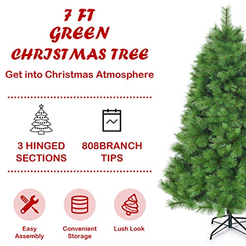 Happygrill 7Ft Christmas Tree Green Artificial Pine Tree Lifelike Realistic Christmas Tree With Metal Stand, Unlit Xmas Tree With 808 Branch Tips Pvc Material For Holiday Décor #TOP7
