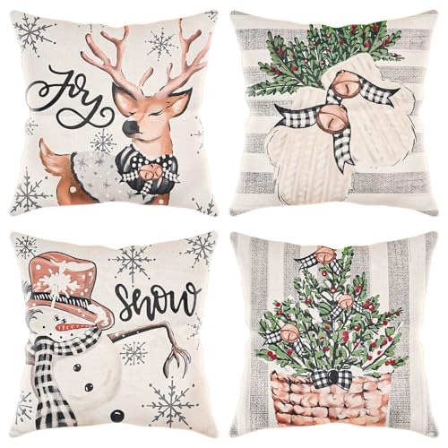 LustLocke Kissenbezug Weihnachten 4er Set 45x45cm, Weihnachtskissenbezug mit Schneemann, Rentier, Handschuh & Winterbeeren Motiv, Weihnachtsdeko Kissen Für Winter Deko Wohnzimmer Sofa Bettwäsche