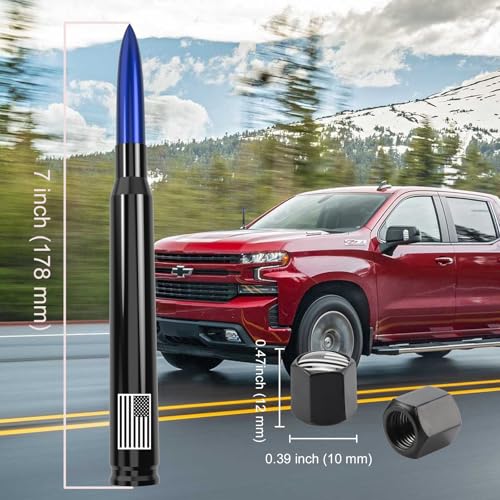 Image of Car Truck Bullet Antenna with Tire Valve Caps American Flag Universal Short Replacement for GMC Sierra Chevy Silverado Dodge Ram 1500 2500 3500 Ford F150 F250 F350 Super Duty Raptor Accessories Blue