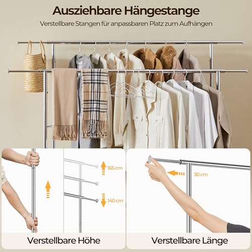 Yaheetech Industrie Kleiderständer Stabiler Garderobenständer 2 Kleiderstange mit Rollen Ausziehbarer Zusammenklappbar Höhenverstellbar Edelstahl
