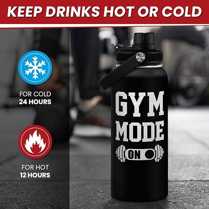 Image of SANDJEST Gym Insulated Engraved Stainless Steel Water Bottle 32oz, Vacuum Chug Lid Travel Tumbler For Men Friends Dad Gymer Trainer, Gym Mode on, Birthday Christmas Father's Day