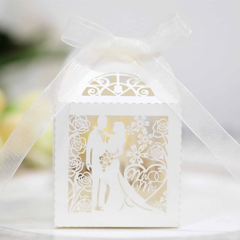 MCDSAJ Set di 50 Scatole per Caramelle Nuziali a Forma di Smoking e Abito con Confezione Regalo a Nastro con Confezione Regalo in Scatola di Carta