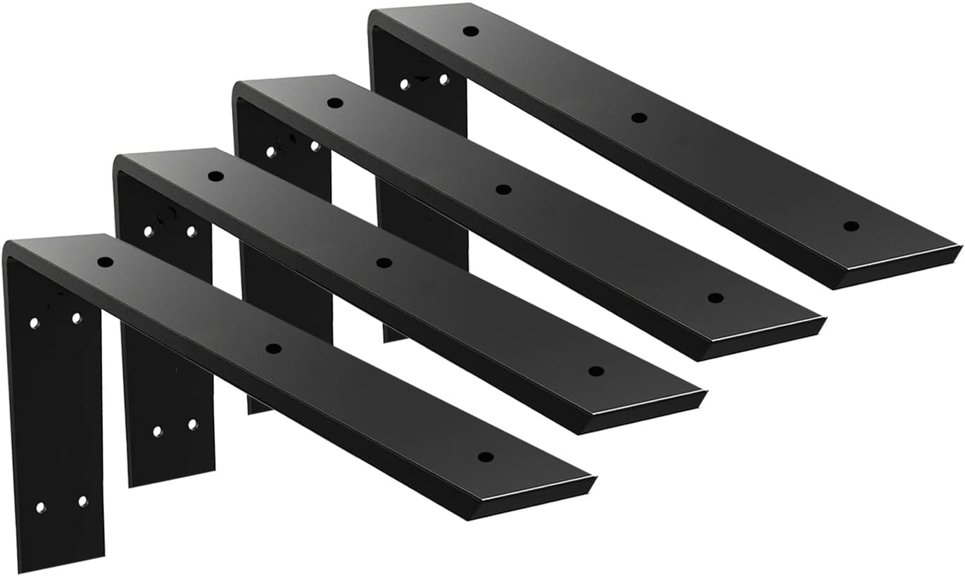 WINKER Countertop Support Bracket 4 Pack Heavy Duty 3/8" Thick Hidden L Shelf Bracket 20" x 8" x 2.5" Metal Corbels for Quartz/Granite/Wood/Concrete/Laminate Countertops, Black (7 Hole)
