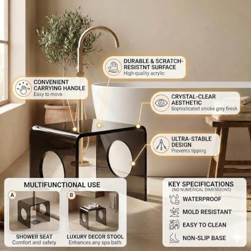Image of Premium 15mm Thick Acrylic Bathroom Stool, Heavy Duty Multipurpose Sitting Patla for Shower and Home Rust Free Modern Home Decor Seat, 12x15x12Inches (Smoke)