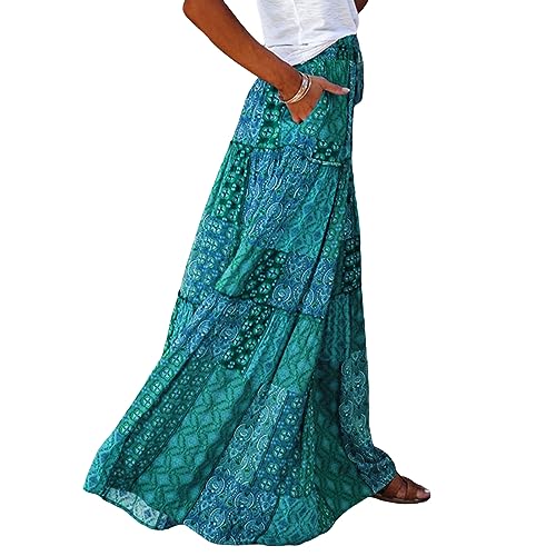 Women Y2k Denim Maxi Skirt Elastic Waist Button Pleated Tiered Flowy Long Swing Skirts Retro Chambray Jean Skirt3