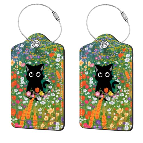 2 Pcs Luggage Tags for Suitcase, Cute Unique PU Leather Travel Bag Tag with Privacy Cover ID Label Address Card and Durable Metal Ring Suitable for Men Women Children Backpack,Black Cat On A Flower