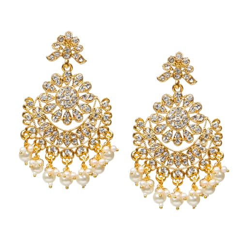 Bindhani Indian Bollywood Style White Stones Pearl Drops Chandbali Earrings For Women