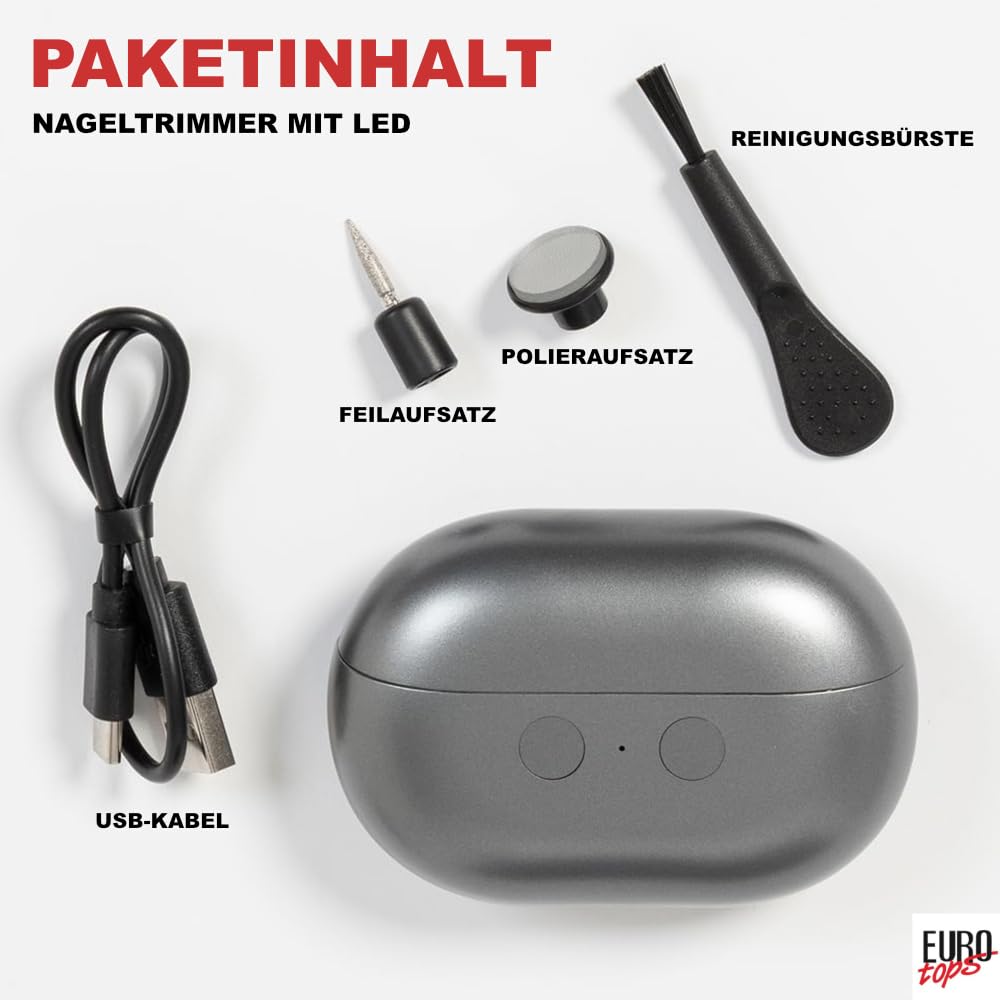 EUROtops Nageltrimmer mit LED, Feile/Polierfunktion, elektrischer Nagelschneider für Fingernägel, 2 Leistungsstufen, Akku, USB, präzise Nagelpflege, Nail Clipper/Nagelknipser, grau