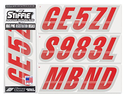 Image of STIFFIE Techtron Red /Silver 3 inch Boat & PWC Registration Decals • Numbers Letters Stickers
