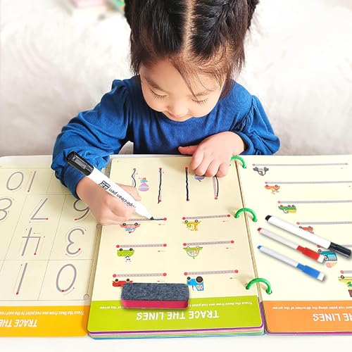 Image of Tiiano Preschool Learning Activities for 3+ Year Olds, Toddler Handwriting Practice Workbook with 4 Dry Erase Markers, Montessori Learning for Ages 3+, Kindergarten Readiness