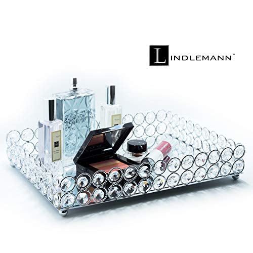 Lindlemann Decorative Tray - Metal Mirrored Ornate Crystal Vanity Tray - Elegant Design For Perfume Jewelry Makeup, Easter & Mothers' Day Gift (Rectangle, 12X9In, Silver) #TOP2