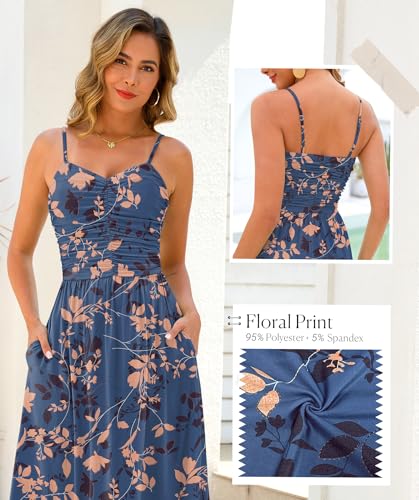Image of Annebouti Women 2026 Summer Spring Ruched Maxi Dress Adjustable Spaghetti Strap Floral Beach Long Sundress with Pockets