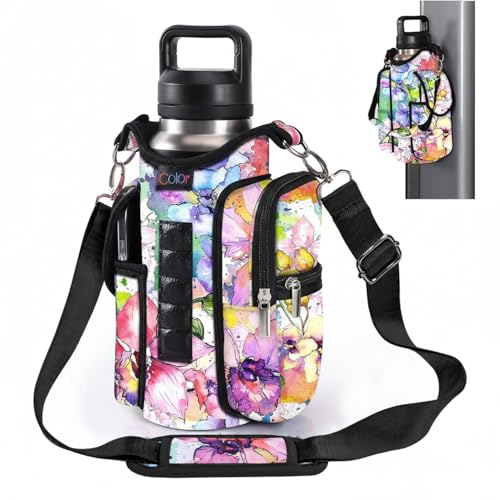 Image of icolor Magnetic Water Bottle Holder Gym Bottle Carrier Bag with Phone Pockets & Gym Accessories Organizer for Men Women,5 Magnets Gym Phone Bag Pouch Sleeve with handle Shoulder Strap (Color-Flower)