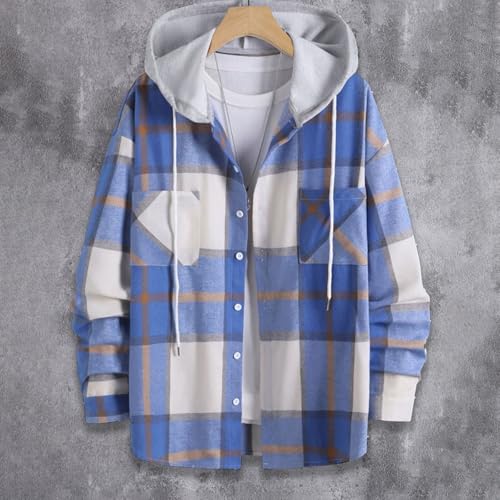 Mens Plaid Jacket Classic Print Casual Fall Tops Button Down Shirt Long Sleeve Color Block Drawstring Hood Shirts3