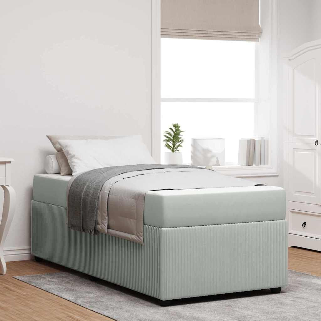 Einzelbett 90x200 cm mit Matratze und Lattenrost, hellgraues Stoffbett modernes gepolstertes Bettgestell mit Holzrahmen für Jugendzimmer, Gäste- oder Erstwohnung